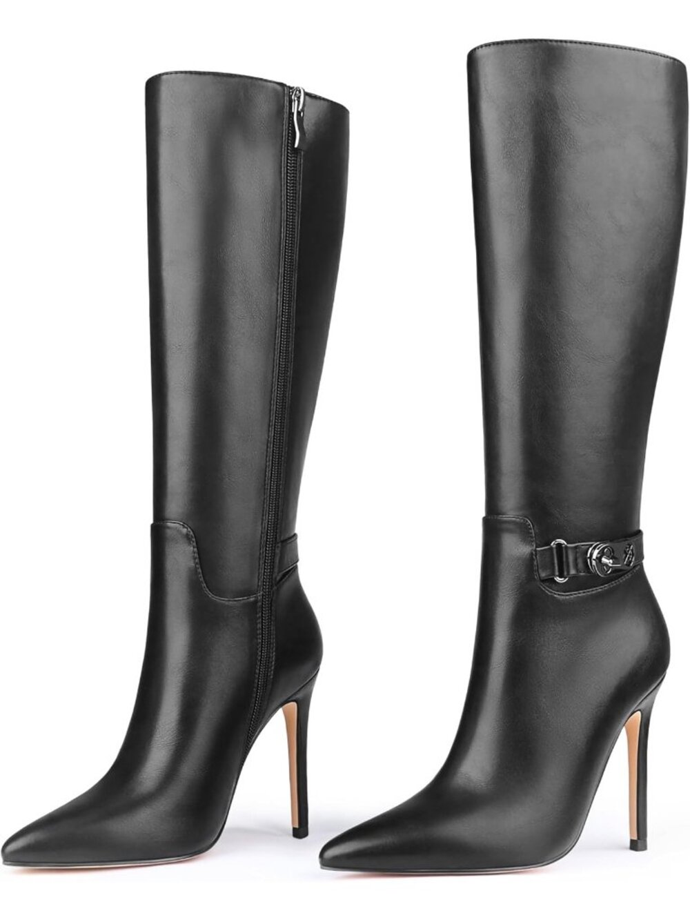 Women's Black Faux Leather Pointed Toe Stiletto Fashionable Knee High Boots